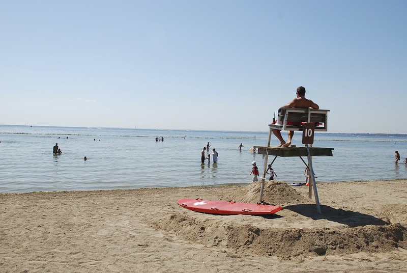A lifeguard station at a lakeside beach